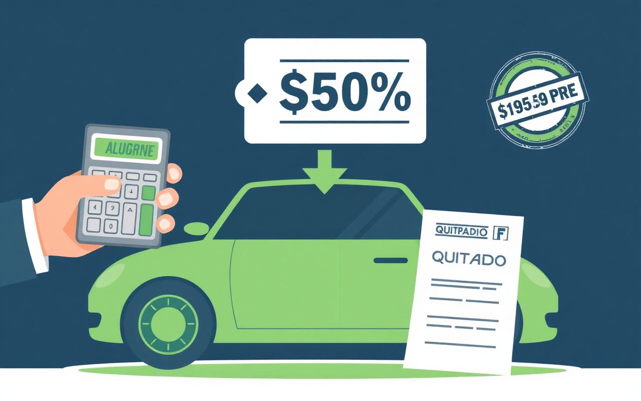 Calculadora e contrato de financiamento com carimbo Quitado — quitação Carbank antecipada com desconto